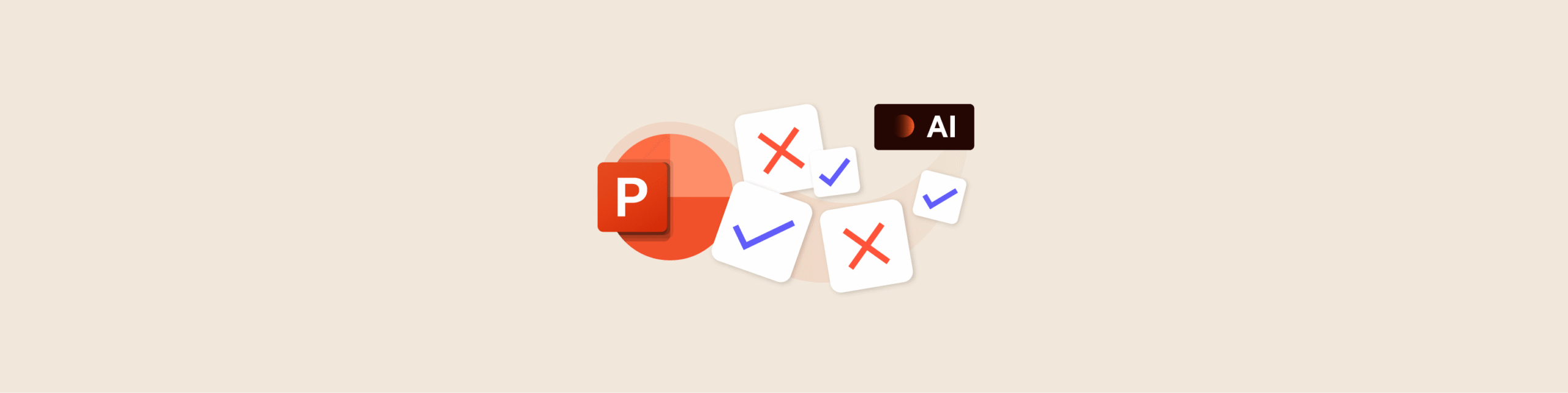 Banner showing a powerpoint icon, with five other icons showing ticks and crosses, and a small box saying AI