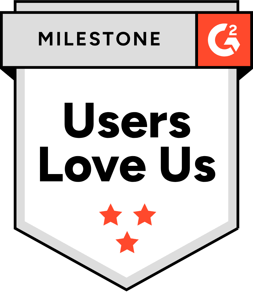 G2 Milestone badge: Users Love Us. Features the G2 logo and three red stars.