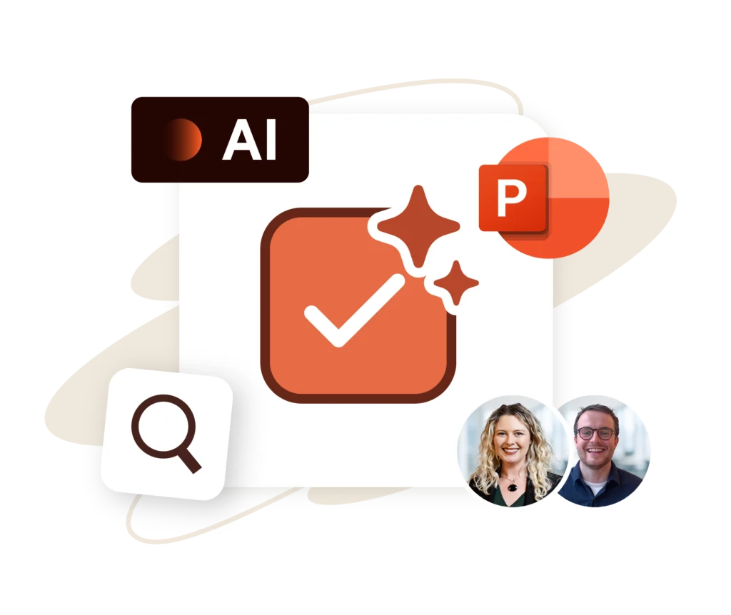 UpSlide advisory image with icons for AI, PowerPoint, search, and two team members.