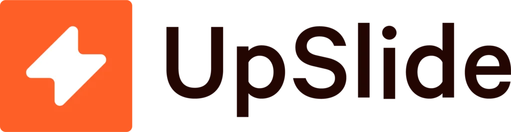 UpSlide logo: Orange square with white lightning bolt, next to the text "UpSlide.