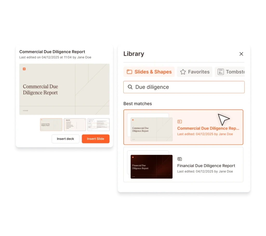 UpSlide library interface showing "Commercial Due Diligence Report" search results and options to insert the deck or a single slide.