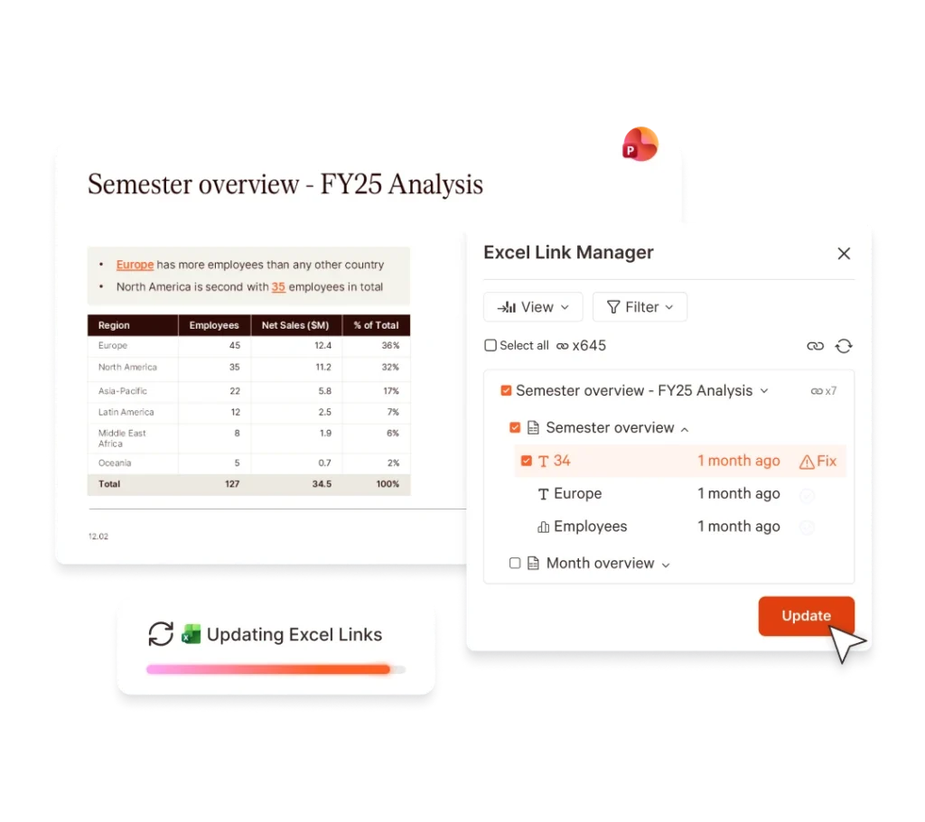 UpSlide Excel Link Manager showing FY25 analysis, updating data for Europe, North America, Asia-Pacific, and Latin America.