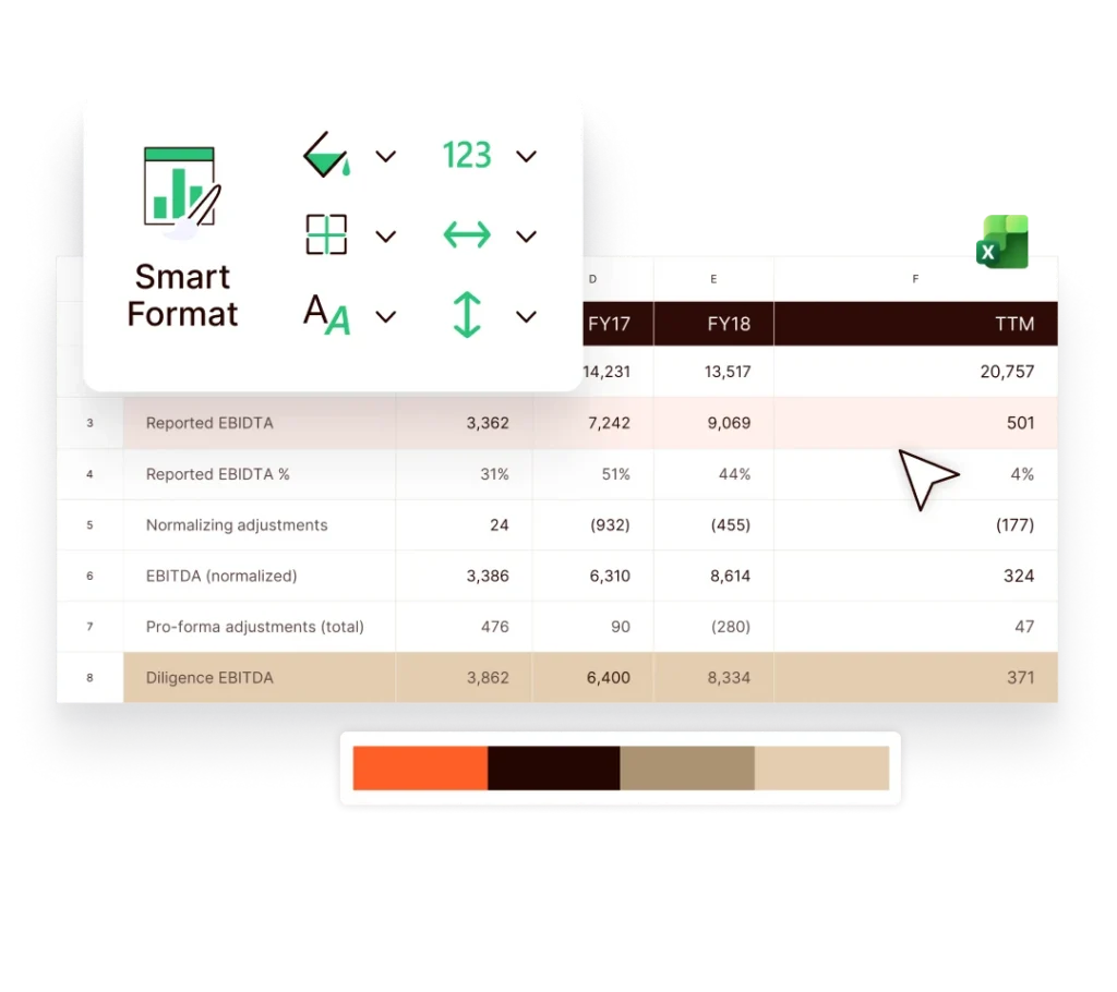 Excel spreadsheet with financial data and a "Smart Format" menu, for excel and powerpoint formatting.