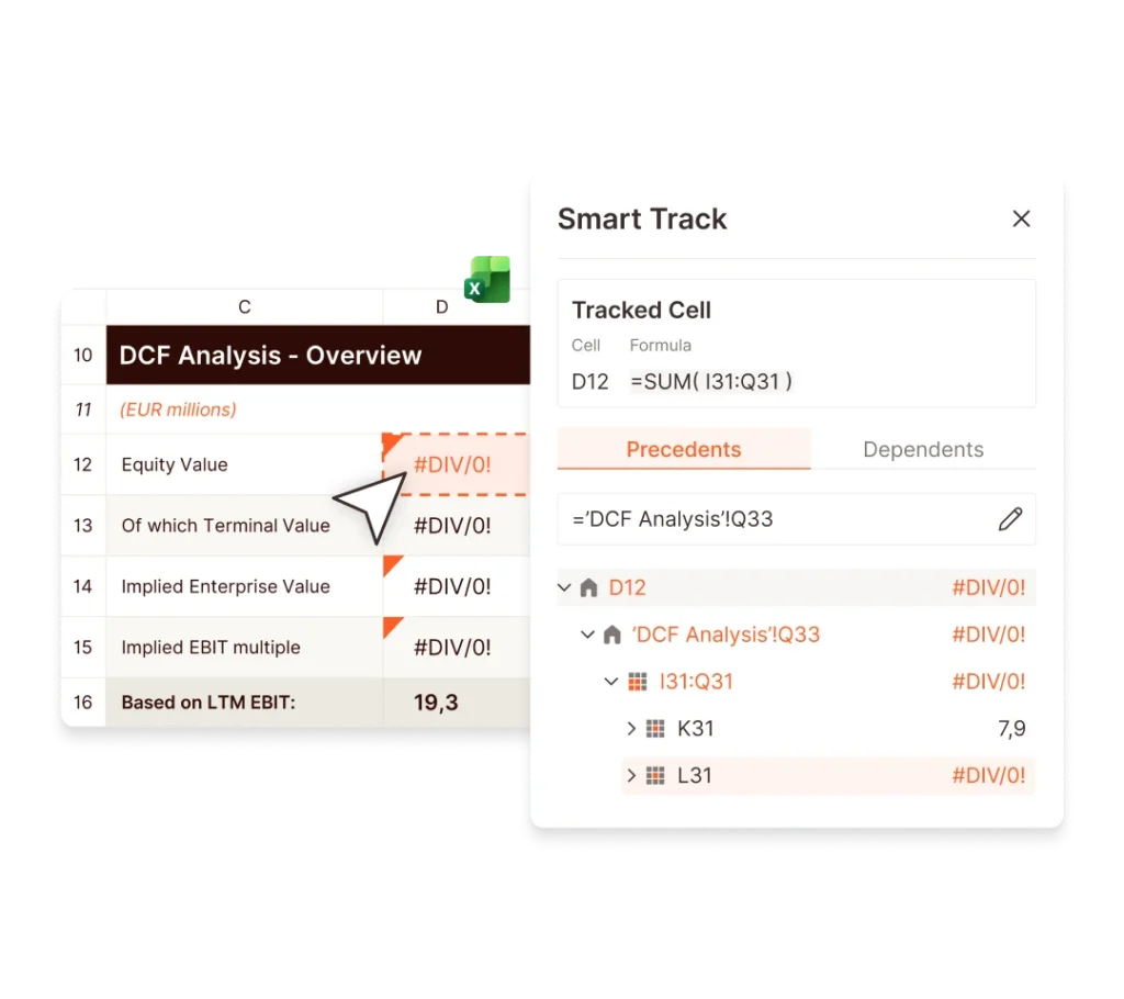 DCF Analysis overview in UpSlide, showing a Smart Track feature for cell formula tracking. #DIV/0! errors visible.