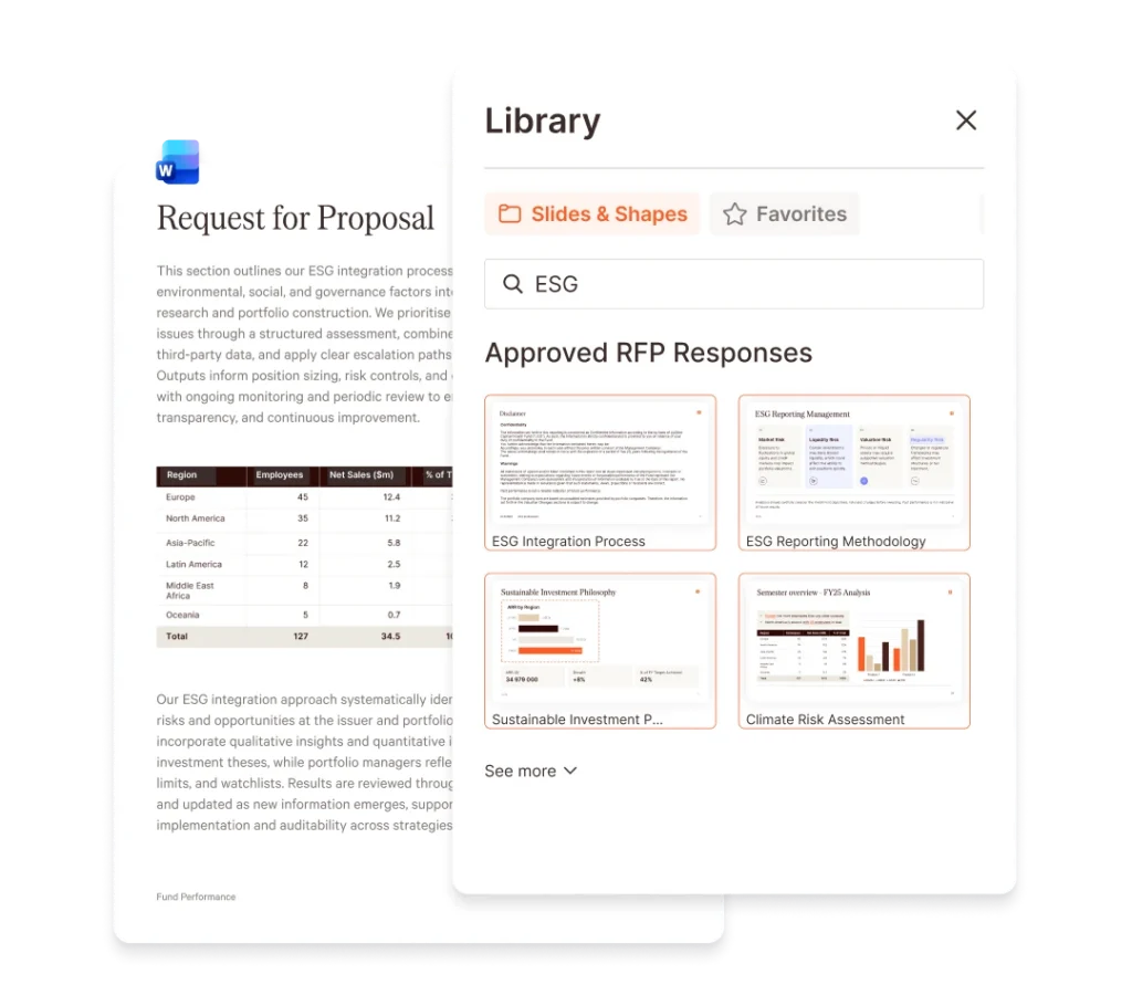 UpSlide Library interface showing ESG RFP responses with slides and shapes.