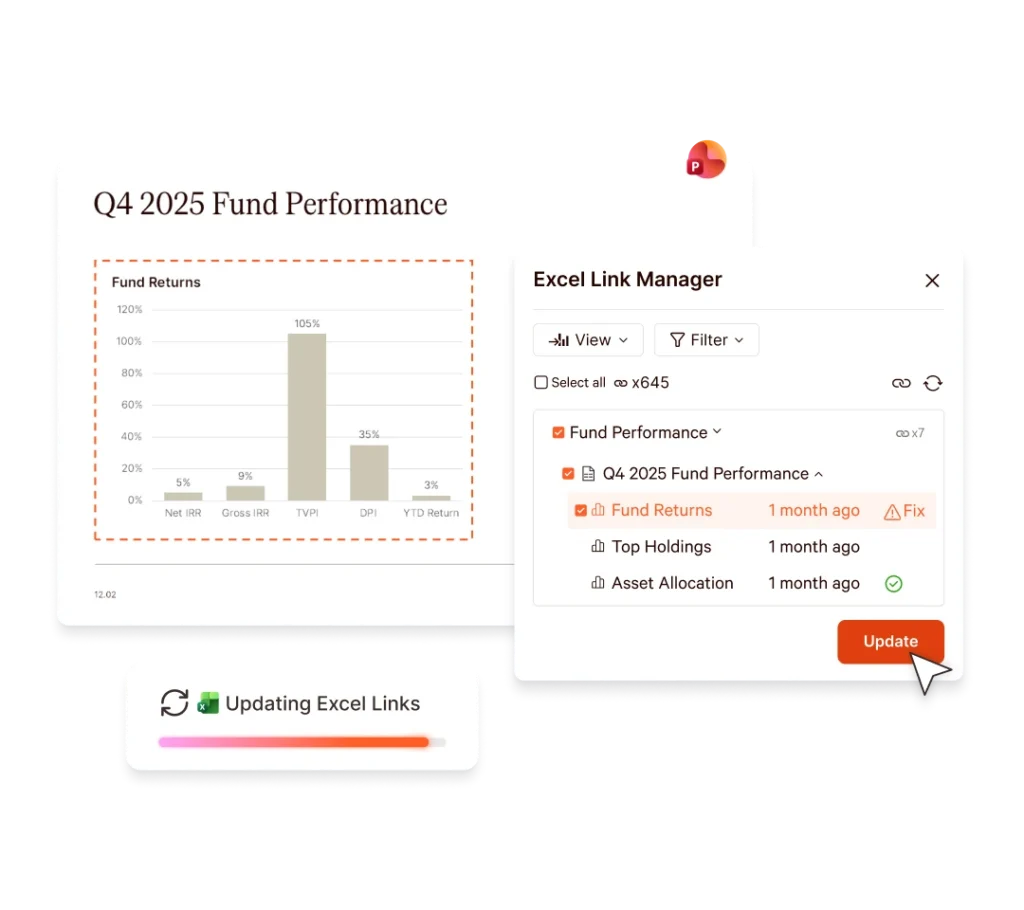 Q4 2025 Fund Performance report with Excel Link Manager showing fund returns and asset allocation.