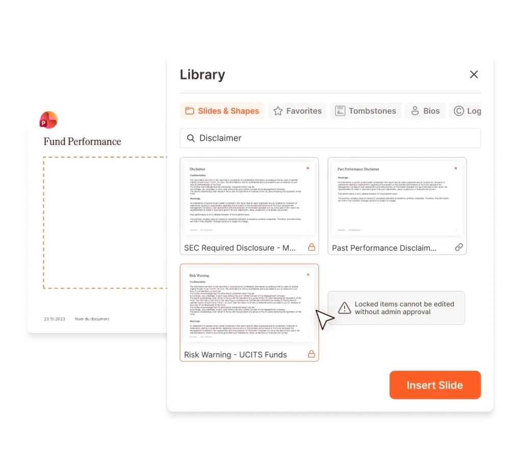 UpSlide library interface showing disclaimer templates for asset management, some locked for editing.