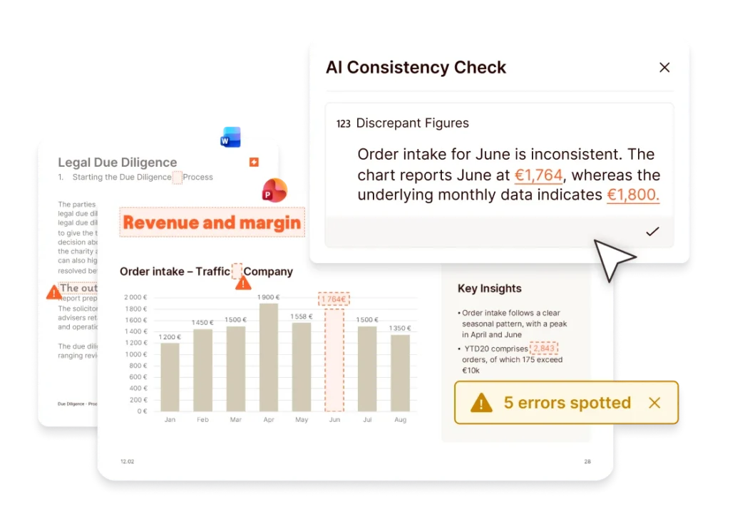 AI consistency check in UpSlide flagging financial discrepancies in a legal due diligence document.