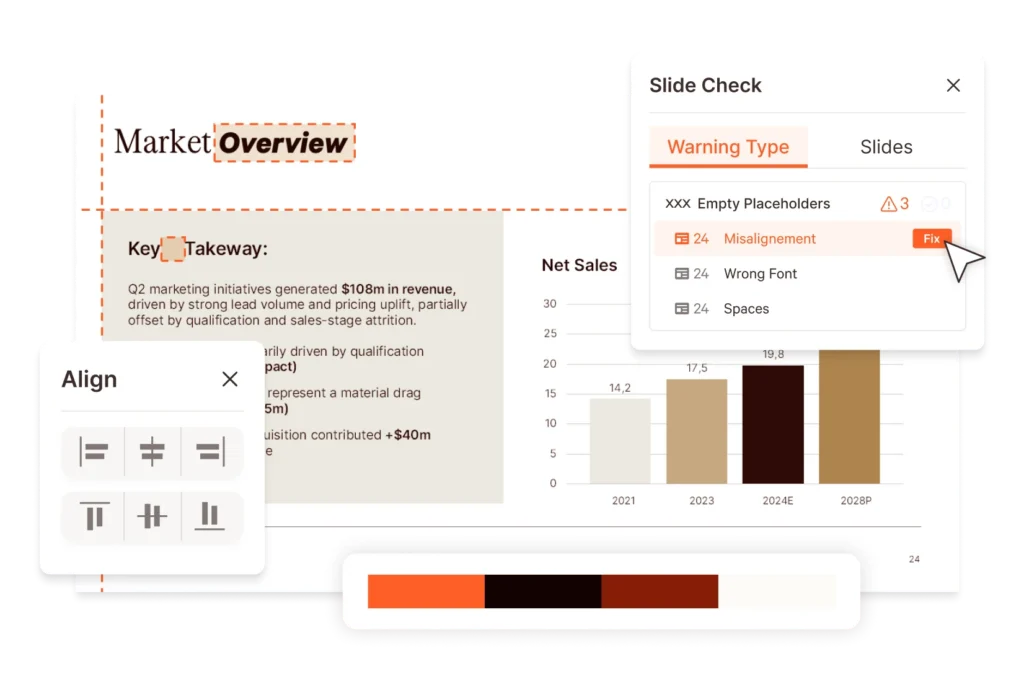 Slide check tool highlighting misalignment on a presentation slide. Fix button shown.