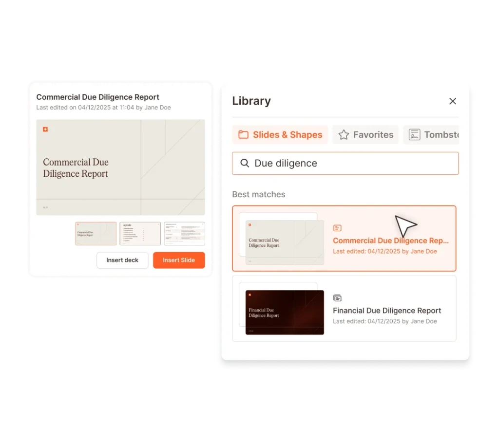 Screenshot of a commercial due diligence report library.