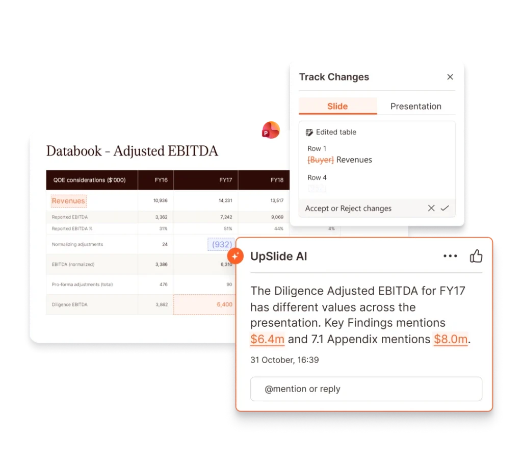 UpSlide AI showing adjusted EBITDA data discrepancies in a presentation. Track changes and edited table view.