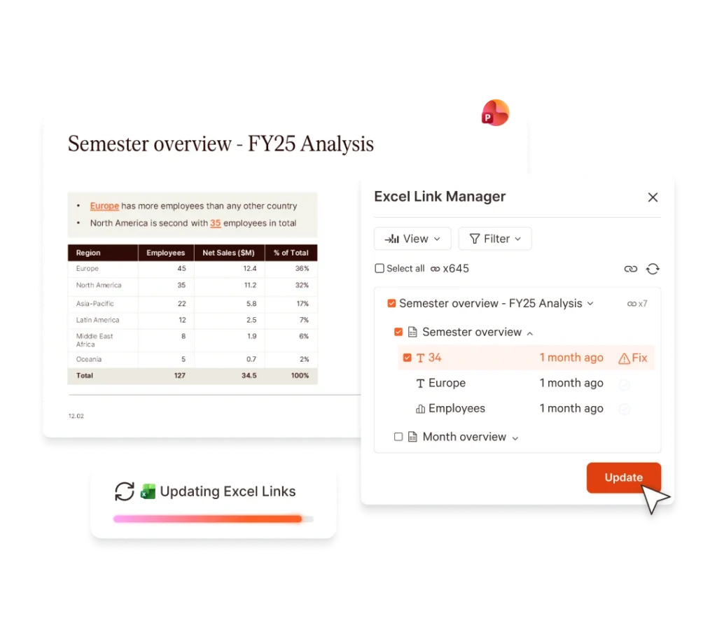 UpSlide's Excel Link Manager updating a FY25 analysis in a presentation, showing linked data from Excel.