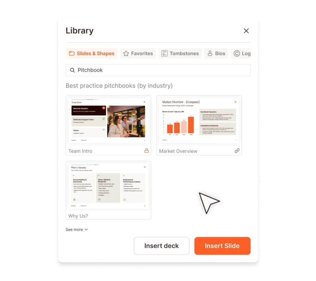 UpSlide Library interface for inserting slides and shapes into client deal team pitchbooks.