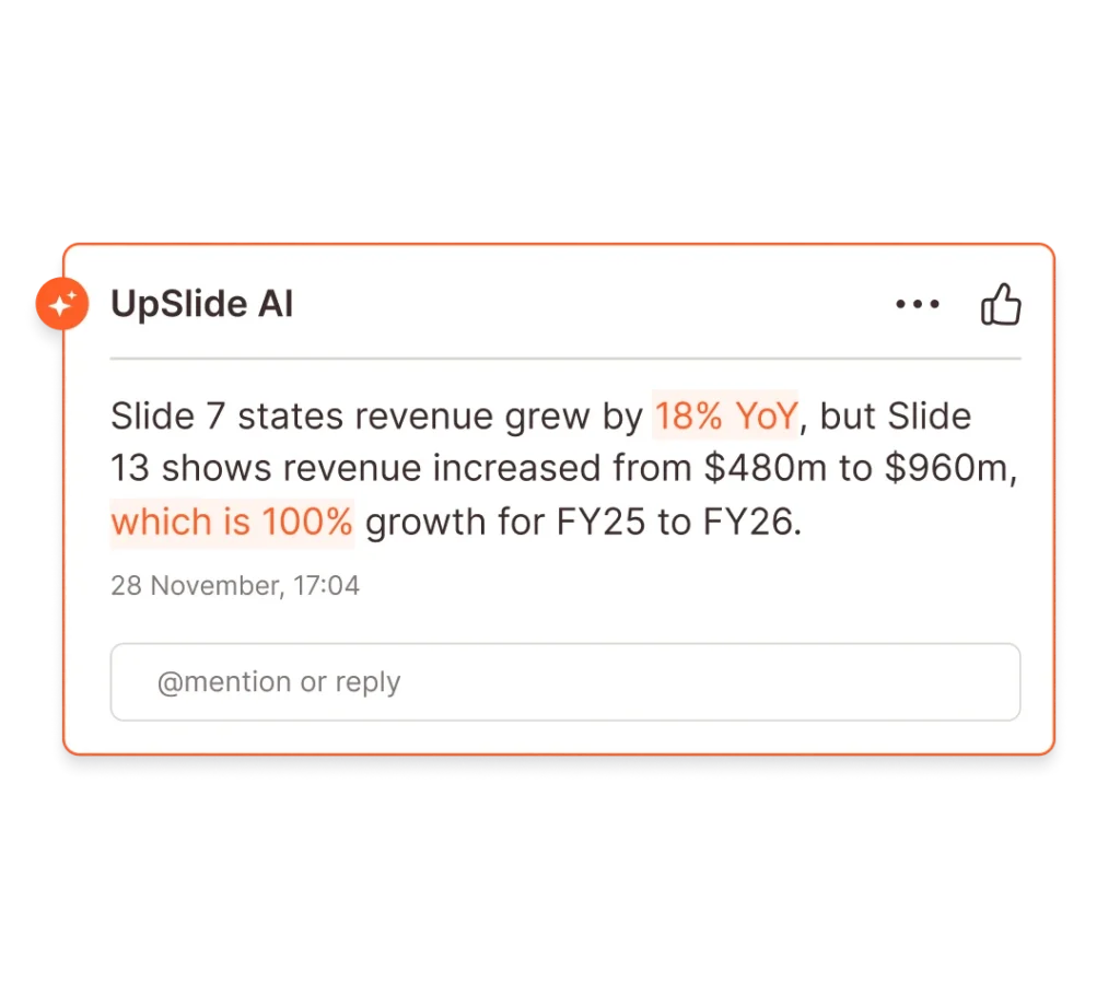 UpSlide AI screenshot showing a consistency check finding a discrepancy in revenue growth figures between slides.