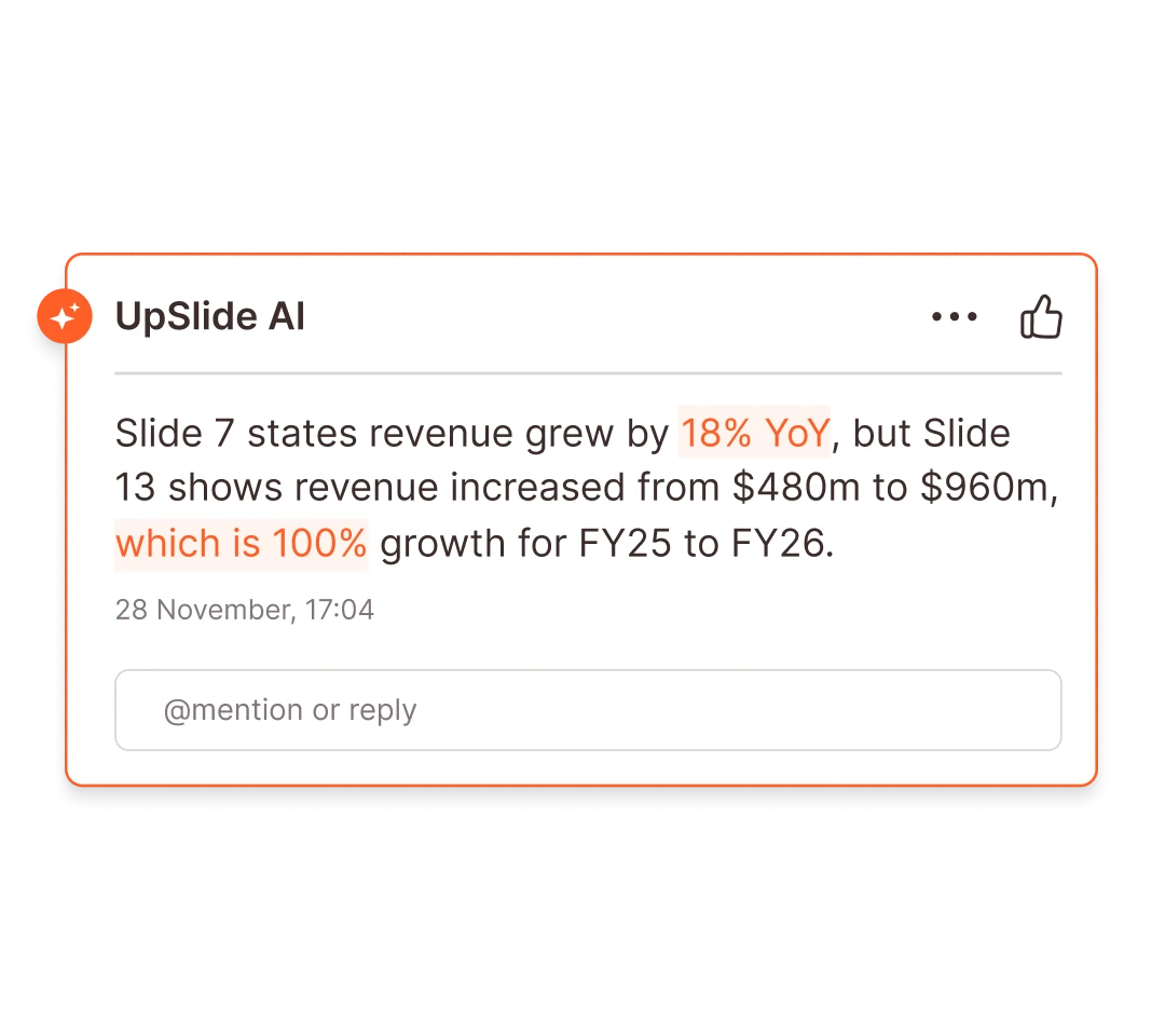 UpSlide AI screenshot showing a consistency check finding a discrepancy in revenue growth figures between slides.