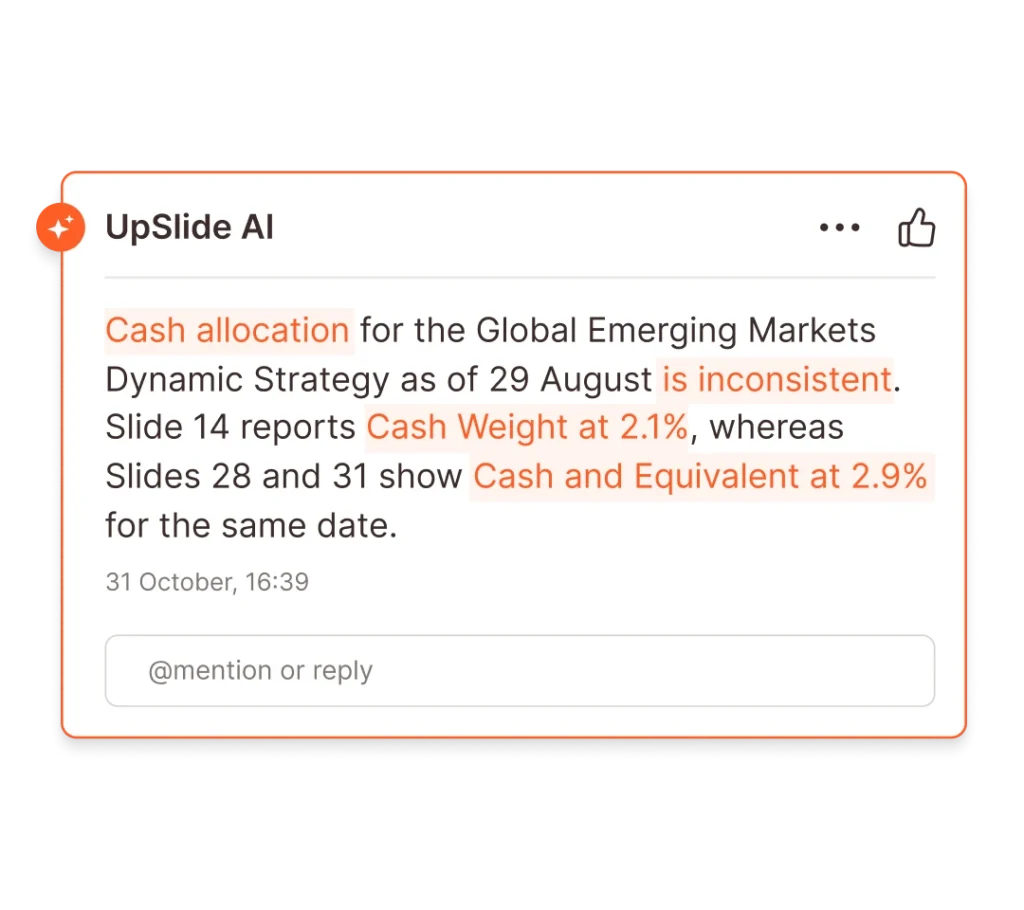 AI inconsistency check: Cash allocation discrepancy in a financial report. Slide 14 shows 2.1%, slides 28 & 31 show 2.9%.