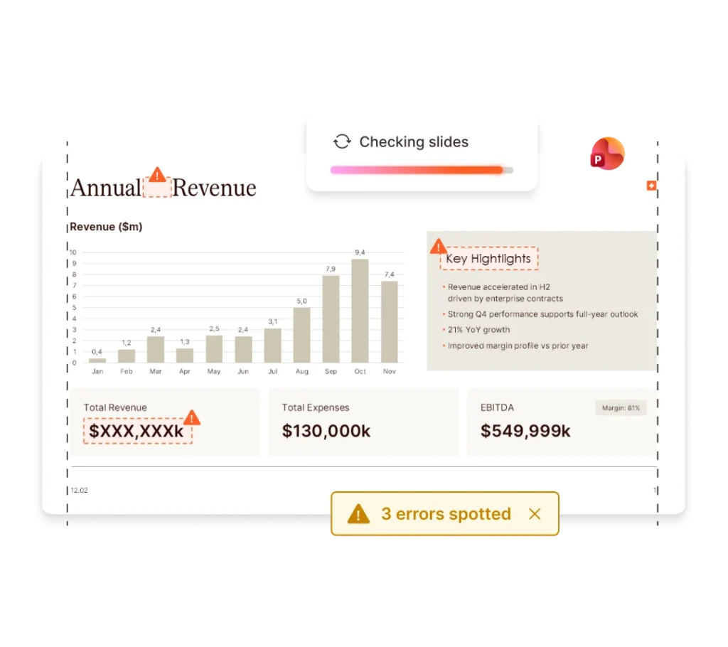 AI consistency check of a presentation slide showing revenue, expenses, and EBITDA with errors highlighted.