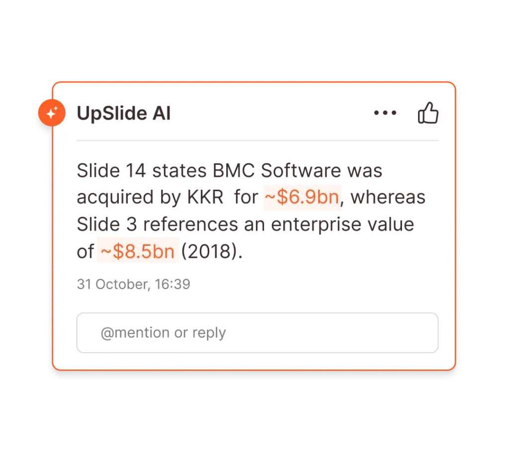 UpSlide AI flagging inconsistent data: BMC Software acquisition price discrepancy. Slide 14 vs. Slide 3.