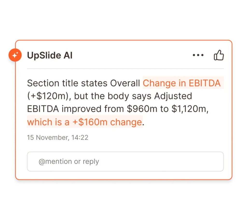 UpSlide AI consistency check: EBITDA discrepancy. Adjusted EBITDA +$160m vs. overall change +$120m.