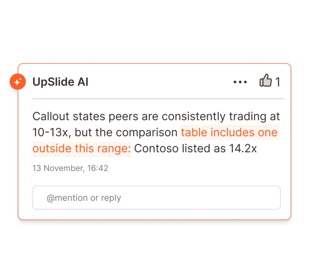 UpSlide AI callout highlighting a data inconsistency: Contoso's 14.2x value is outside the 10-13x peer range.