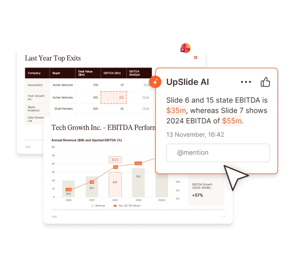 UpSlide AI consistency check showing financial data and highlighting discrepancies in EBITDA figures across different slides.