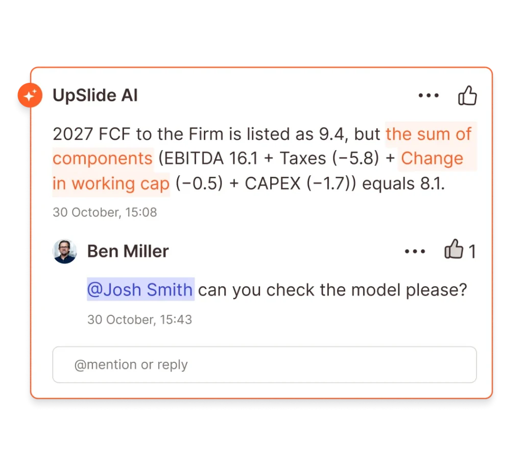 UpSlide AI flagging a discrepancy in a financial model. Ben Miller asks Josh Smith to check the model.