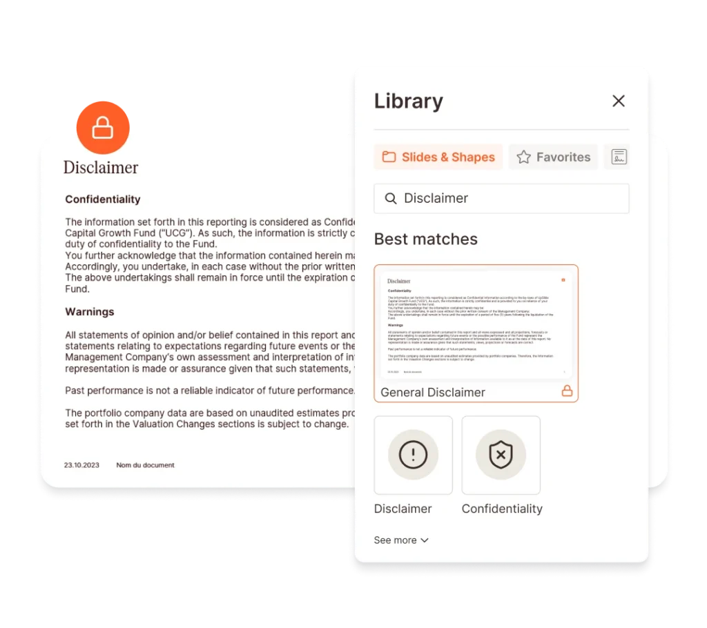 Screenshot of a library interface with search results for "Disclaimer," showing slides, shapes, and confidentiality options.