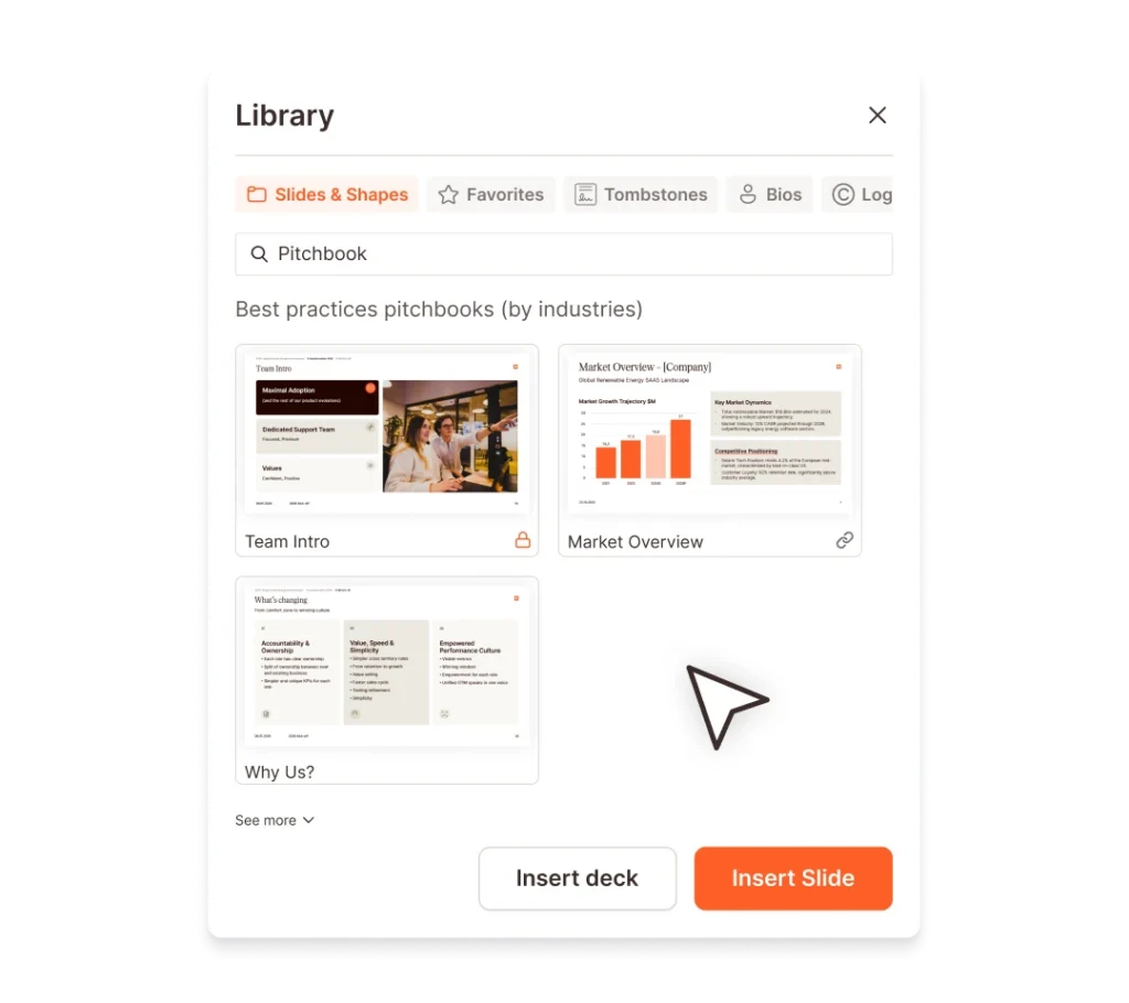 Pitchbook library interface showing slide templates for business presentations.