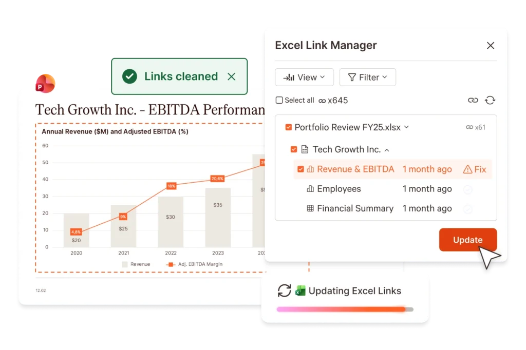 Excel Link Manager showing data linking between a PowerPoint presentation and Excel files with an update button.
