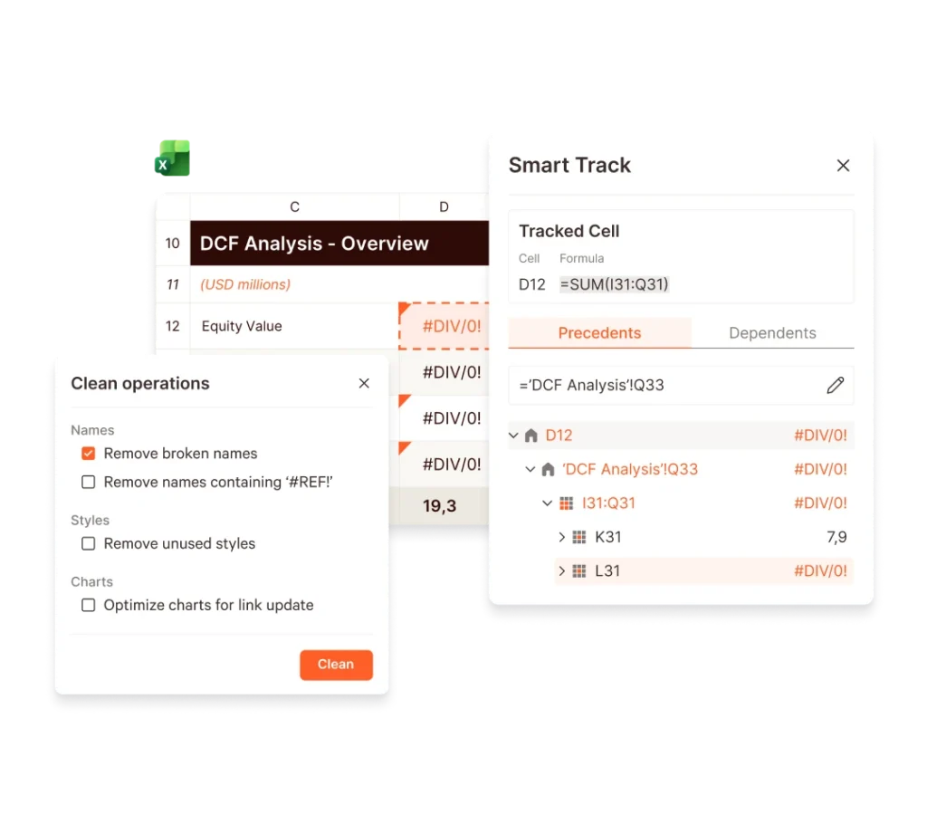 Excel spreadsheet showing DCF analysis, tracked cells, and clean operations for data modeling and linking.