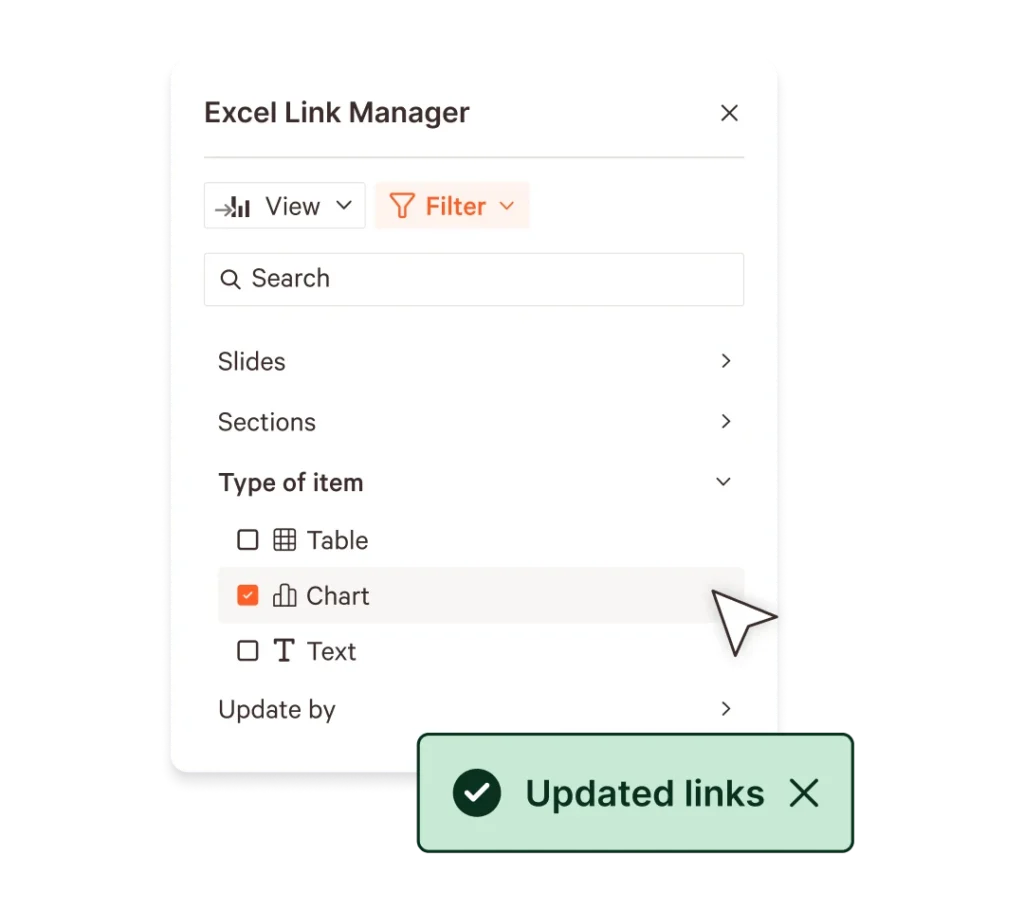 Excel Link Manager interface, filtering for charts with "Updated links" confirmation message.