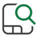 Financial modeling tool icon: grey computer screen with green magnifying glass.