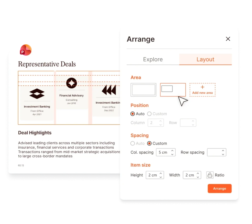PowerPoint formatting options, including layout, area, and spacing settings.