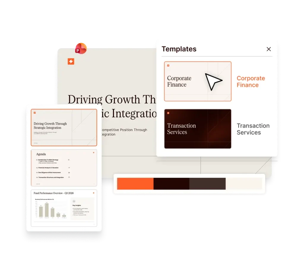 Presentation template selection screen showing finance and transaction options.
