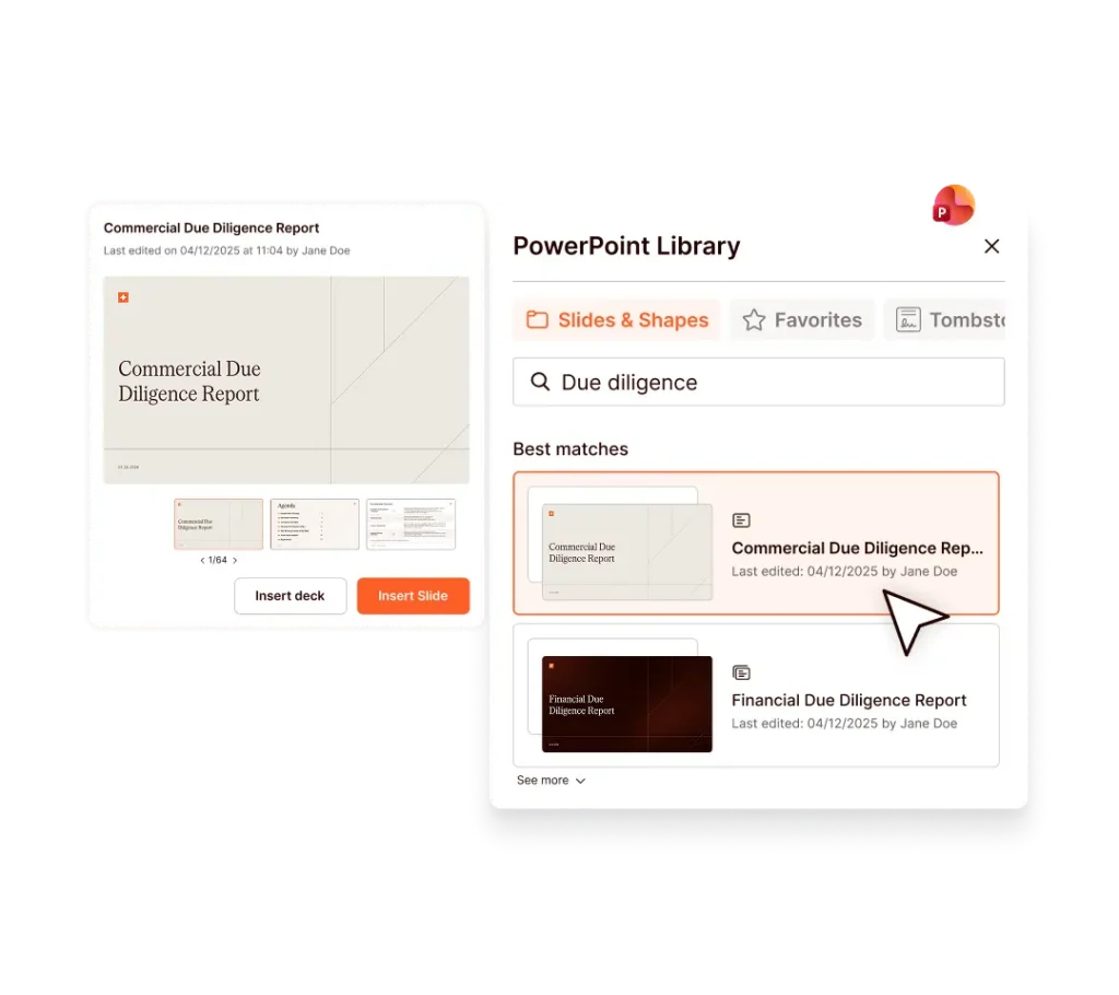 PowerPoint library showing commercial due diligence report templates.