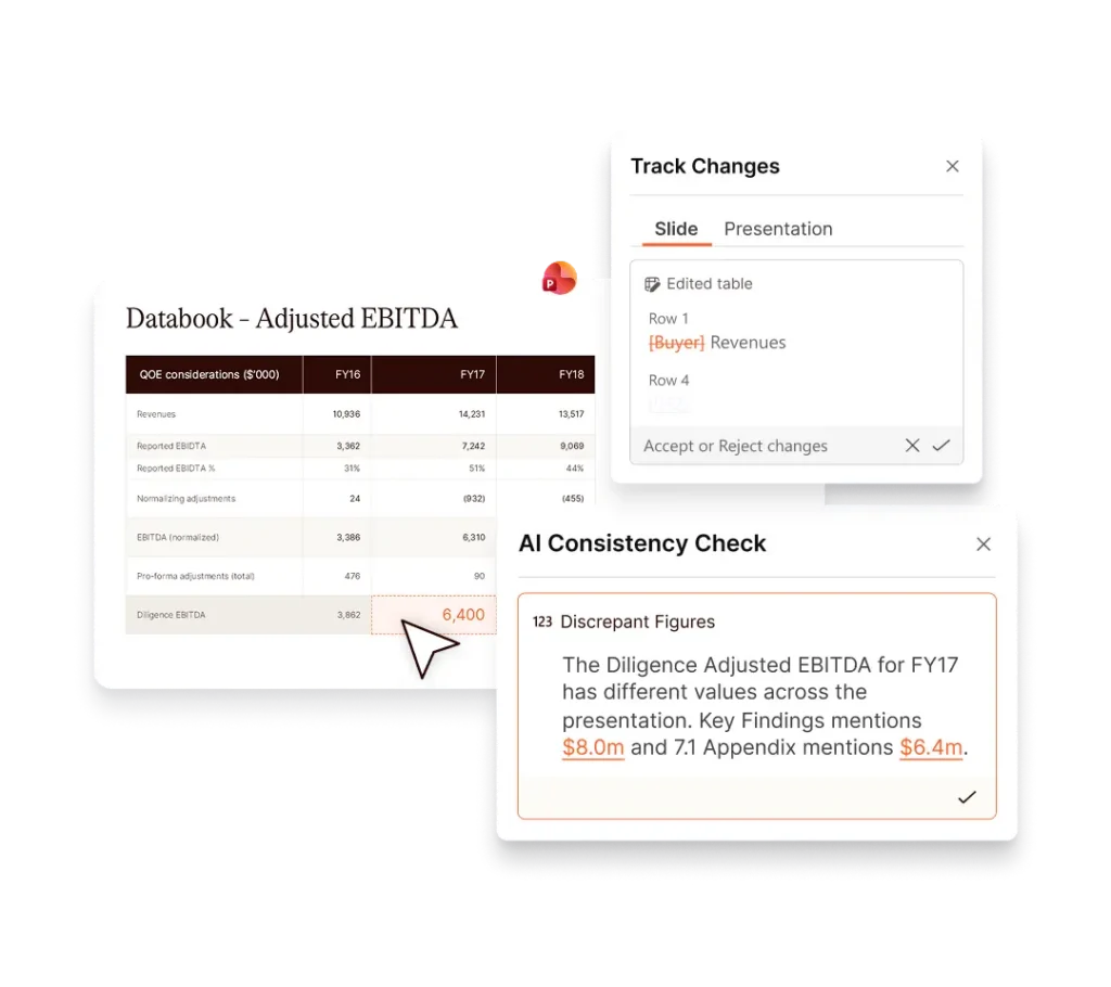 Adjusted EBITDA databook with track changes and AI consistency check highlighting discrepant figures.