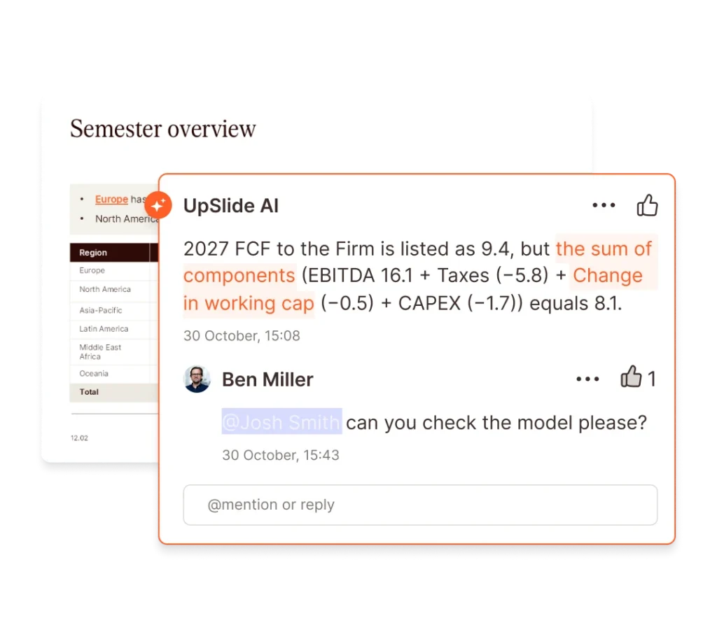 UpSlide AI showing a comment thread discussing financial model discrepancies, with a team member tagged.