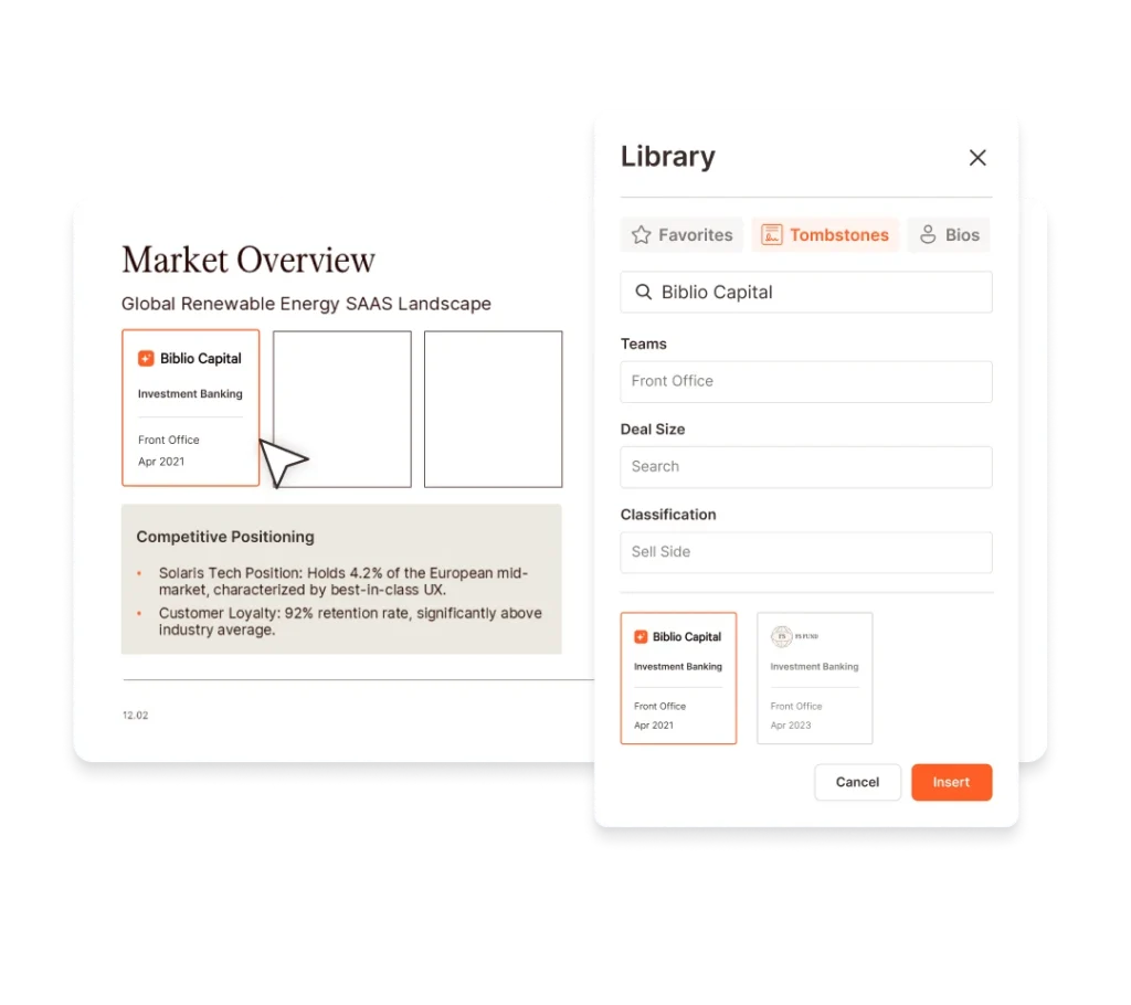 Screenshot of a "Library" window showing "Biblio Capital" search results for investment banking deals.
