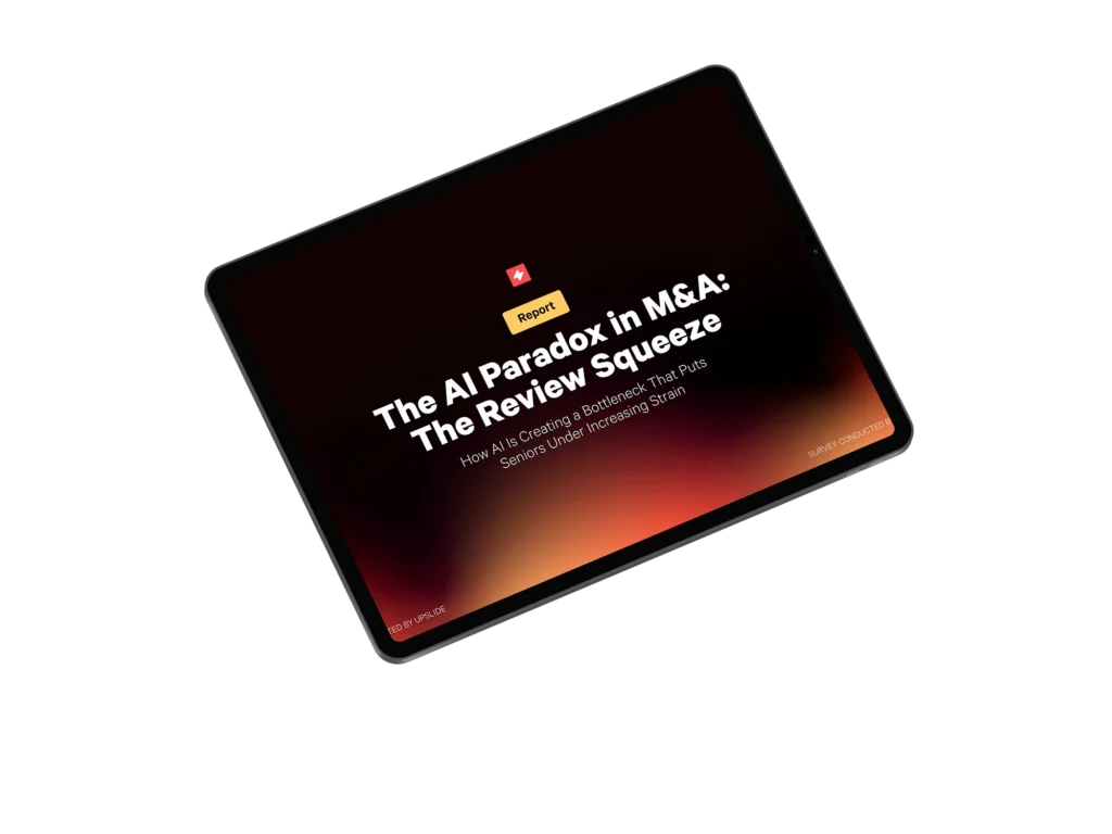Tablet displays "The AI Paradox in M&A: The Review Squeeze" report.