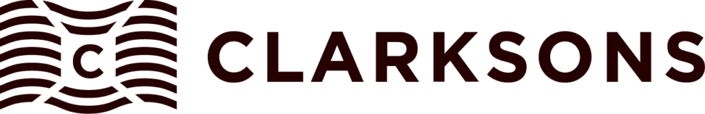 Clarksons logo in dark red, featuring the company's name and a stylized wave design.