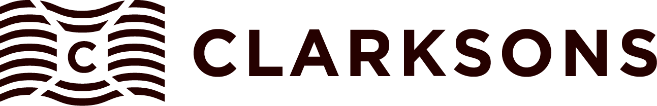Clarksons logo in dark red, featuring the company's name and a stylized wave design.
