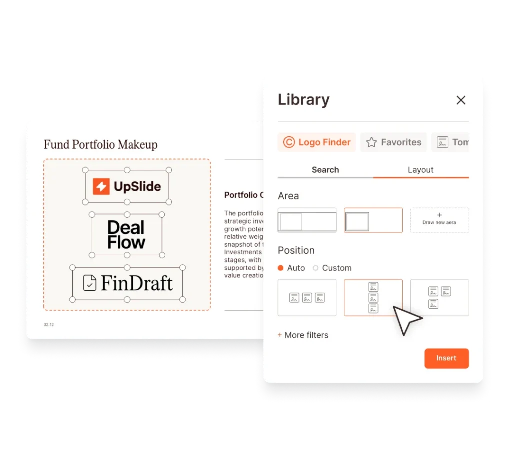 Library interface showing logo finder with UpSlide, Deal Flow, FinDraft logos for fund portfolio makeup.