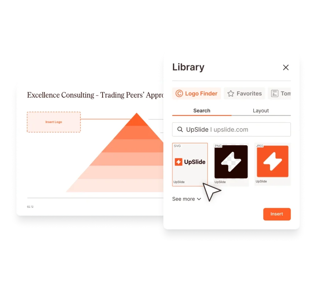 Upslide logo selection from a library for an Excellence Consulting presentation.