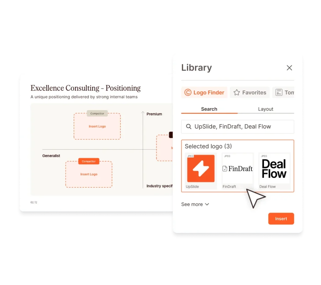 Library interface showing logo insertion into an Excellence Consulting positioning slide.