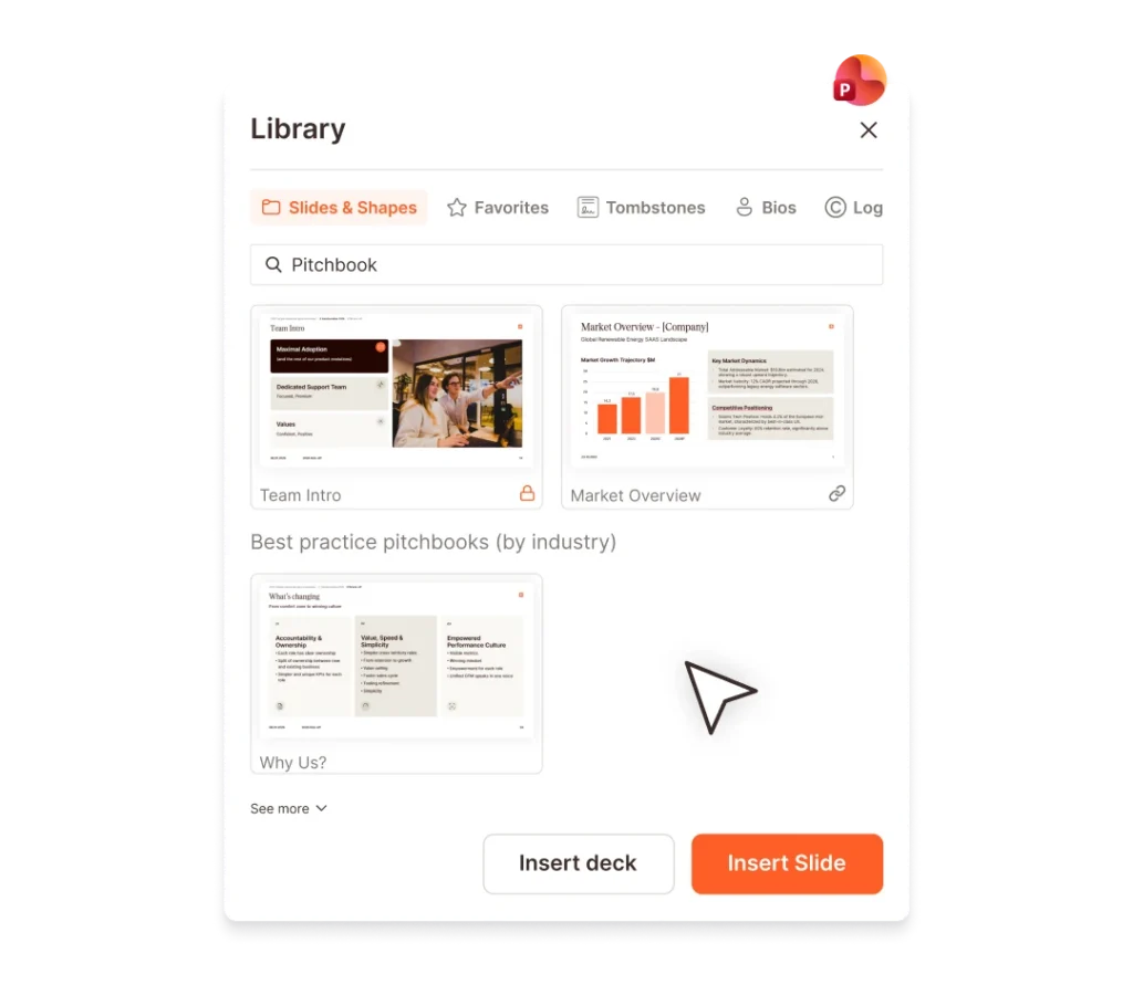 UpSlide library interface showing slide templates: Team Intro, Market Overview, and Why Us?.