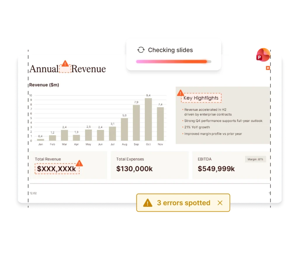 UpSlide screenshot showing a slide check feature detecting errors in a financial presentation.
