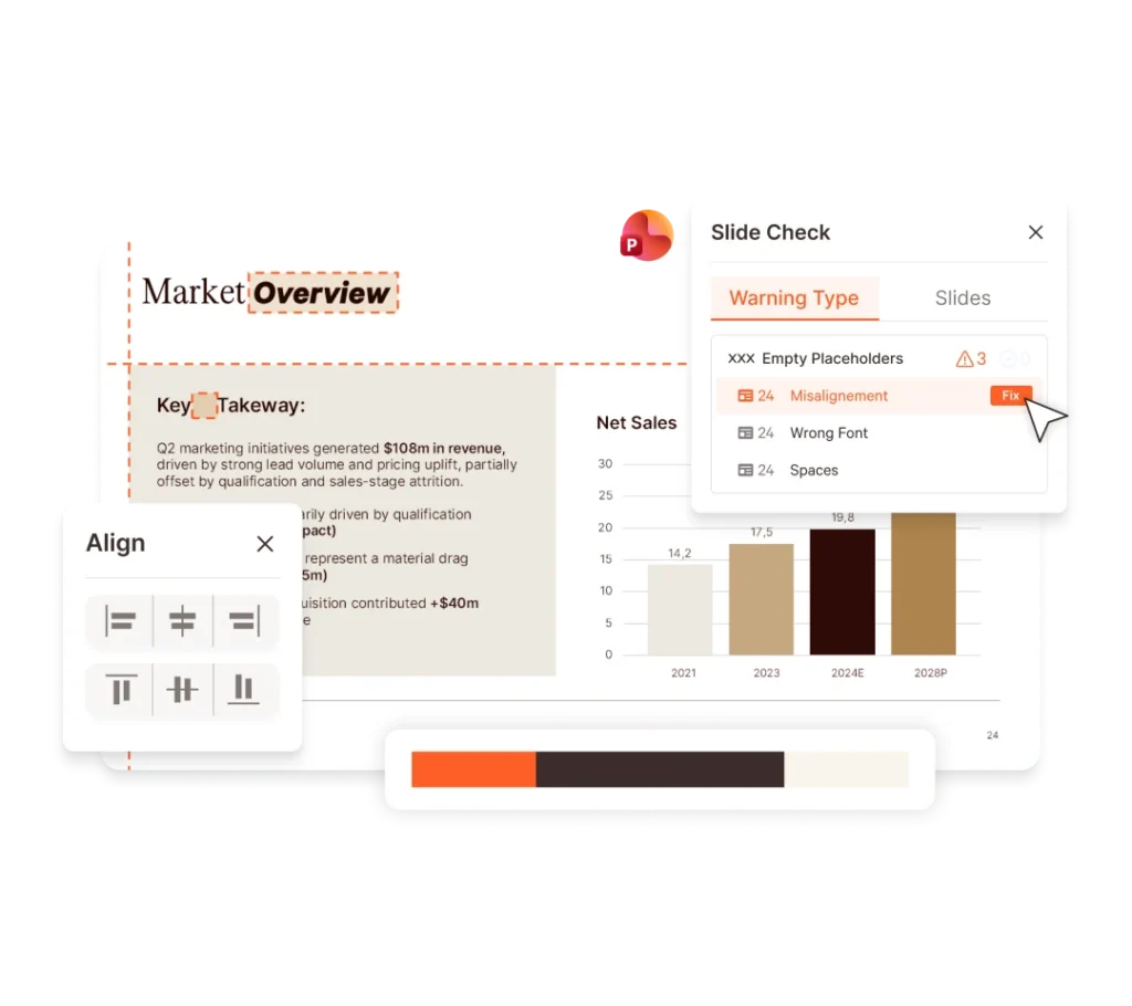 UpSlide Slide Check tool flags presentation errors: misalignment, wrong font, spacing issues.