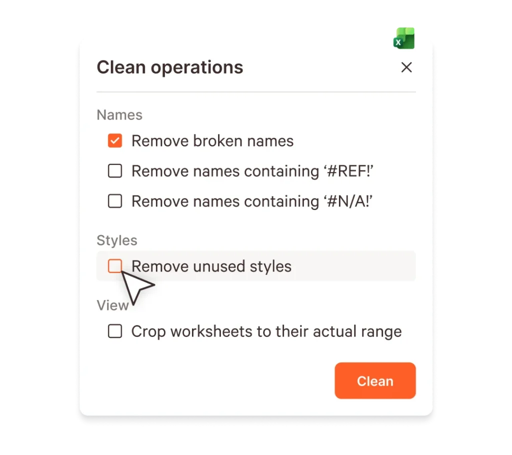 Dialog box from a financial modeling tool showing options to clean an Excel workbook, including removing broken names and unused styles.