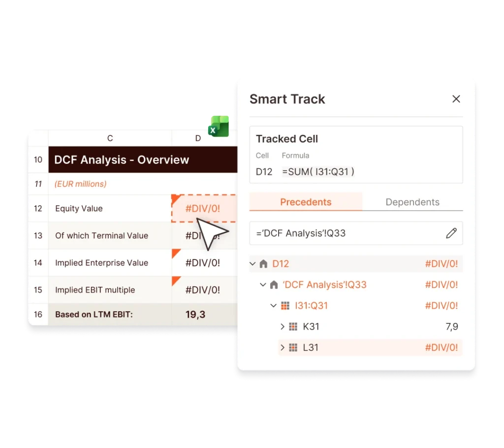 Financial modeling tool showing a DCF analysis with tracked cells and formula dependencies.