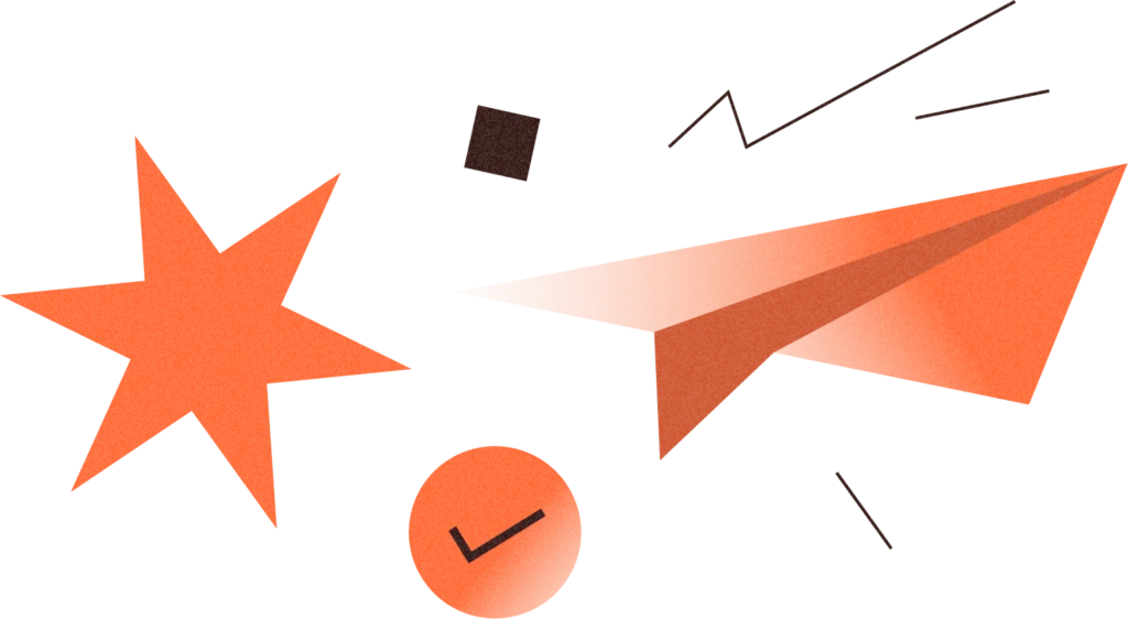 Abstract design with star, paper airplane, and checkmark circle on black background.